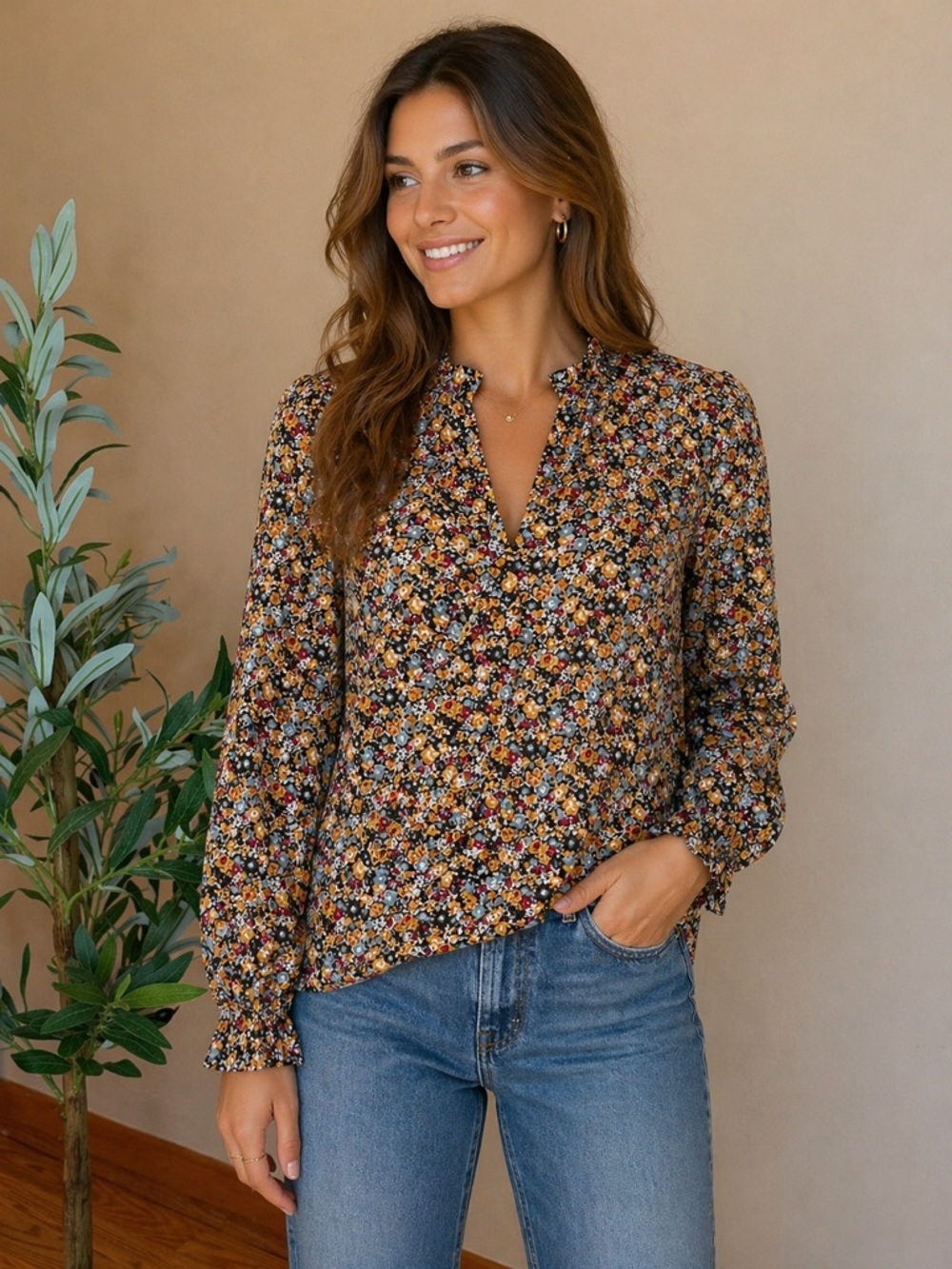 503. Floral Ruffle Neck Long Sleeve Blouse | Vintage Inspired Boho Top - Picture 1 of 3